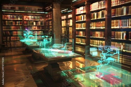 A futuristic library, with holographic displays and virtual reality technology, offers an immersive and interactive reading experience