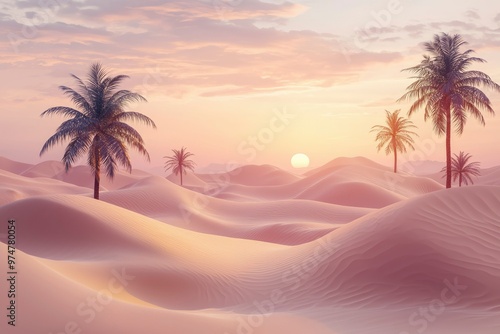Palm Trees Silhouetted Against a Pink Sunset Over Desert Sand Dunes