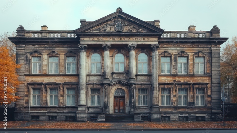 Fototapeta premium An abandoned classic bank building, with its faded grandeur and weathered stonework, evoking nostalgia and history.