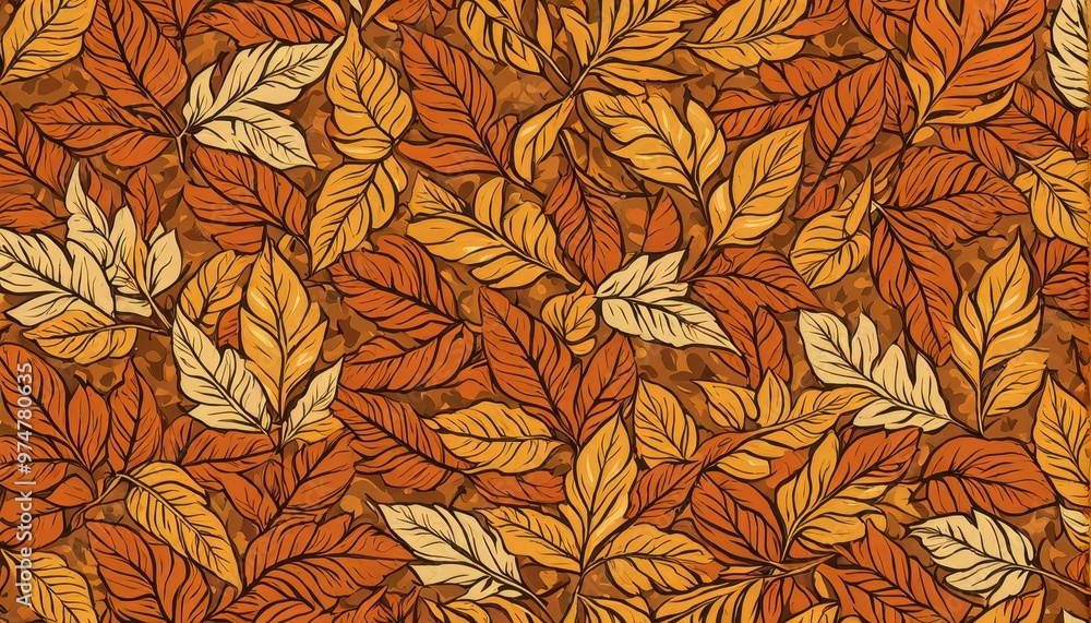 A vibrant pattern of autumn leaves in warm hues of orange and yellow, ideal for backgrounds or textile designs. A vibrant pattern of autumn leaves in warm hues of orange and yellow, ideal for backgrounds or textile designs.