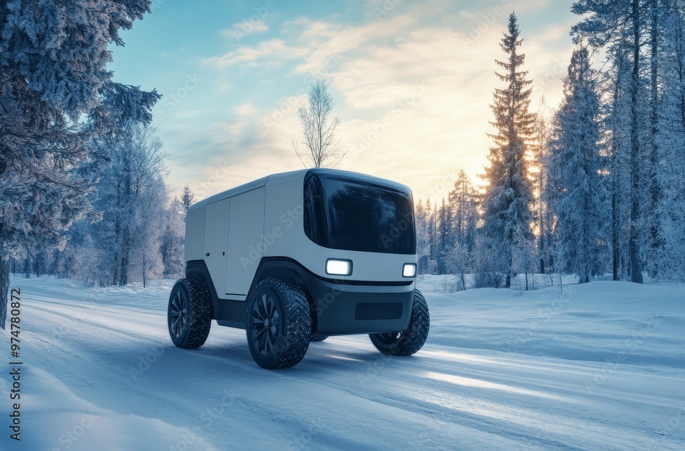 Autonomous electric vehicle navigating snowy forest road in winter Autonomous electric vehicle navigating snowy forest road in winter