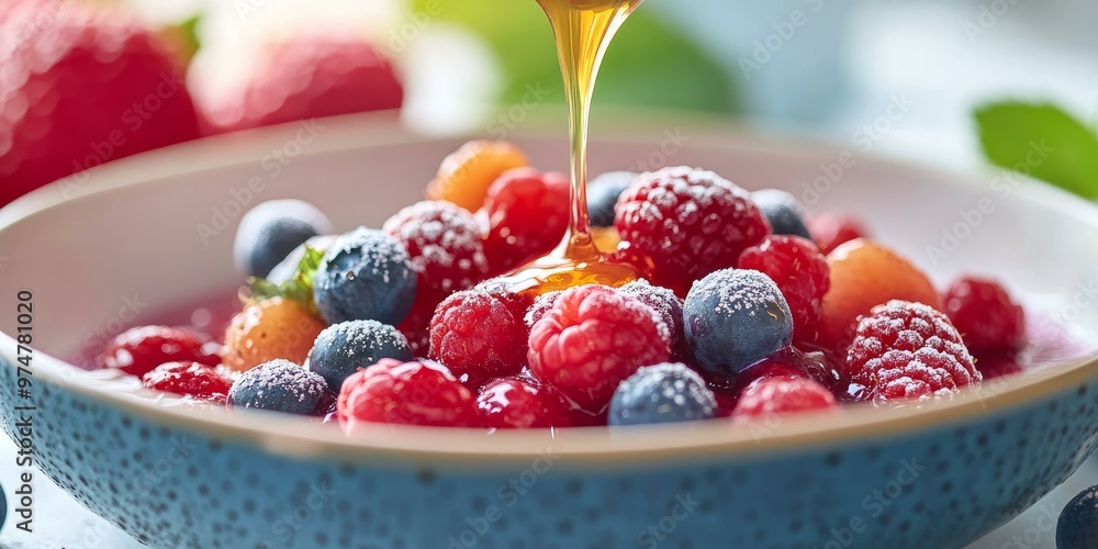 Blueberries, raspberries, and honey in a bowl. Blueberries, raspberries, and honey in a bowl.