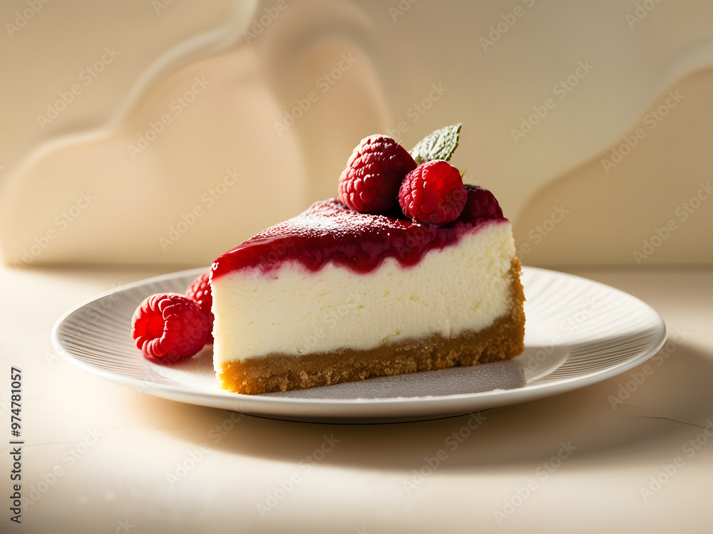 A slice of raspberry cheesecake with fresh berries on a white plate A slice of raspberry cheesecake with fresh berries on a white plate