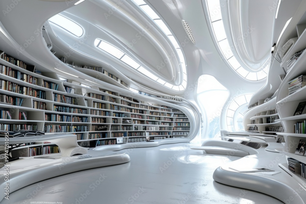 Obraz premium A futuristic library's sleek design and cutting-edge technology create an atmosphere of innovation and boundless possibilities