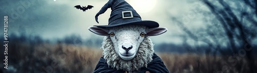 A whimsical sheep wearing a witch's hat in a spooky landscape, perfect for Halloween-themed designs and creative projects. photo