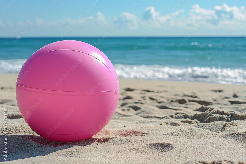 Pink Beach Ball on Sandy Shore with Ocean Background
