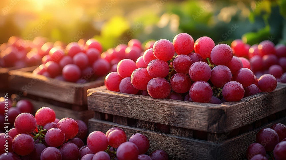 Fresh grapes in wooden boxes, set against the backdrop of a vast vineyard at sunset Fresh grapes in wooden boxes, set against the backdrop of a vast vineyard at sunset