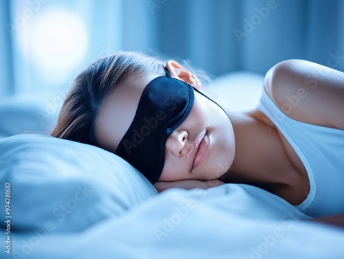 A peaceful woman sleeping in a cozy bed, wearing an eye mask to block out light and enhance her restful slumber. photo