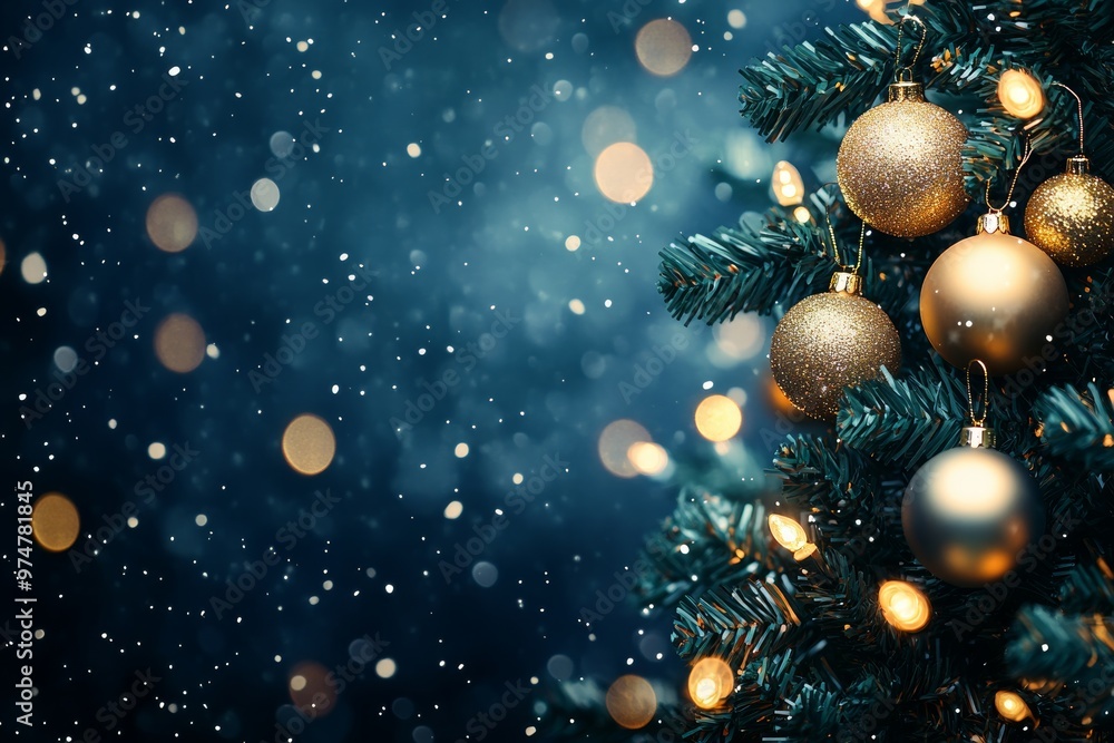 Elegant christmas tree adorned with gold ornaments and blurred lights on dark blue background Elegant christmas tree adorned with gold ornaments and blurred lights on dark blue background