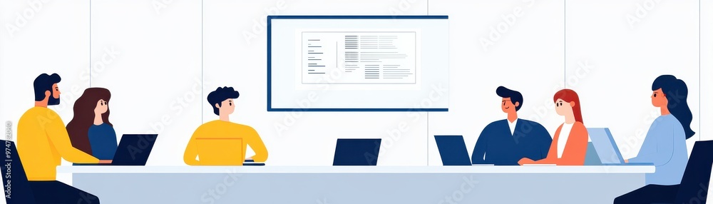 A diverse group of professionals collaborating in a modern conference room, engaged in discussion and using laptops. A diverse group of professionals collaborating in a modern conference room, engaged in discussion and using laptops.