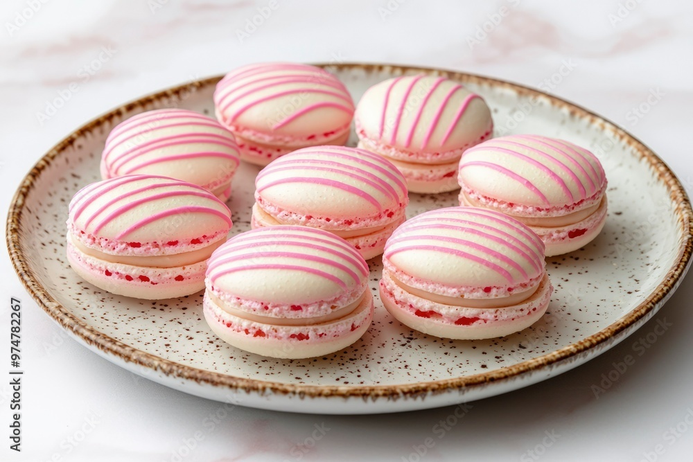 Obraz premium Pink and White Striped Macarons on a Speckled Plate