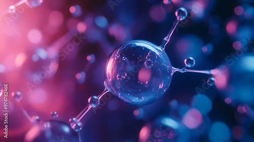 Atoms or molecules, small interconnected spheres, scientific illustration banner. hydrogen concept as imagined by generative ai. Nanotechnology. Illustration photo