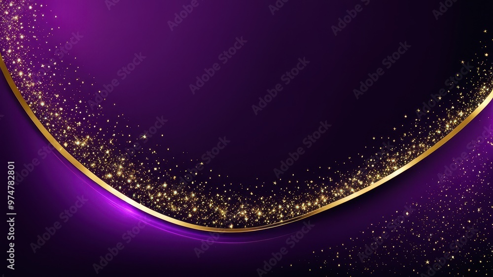 A vibrant purple background with a golden curve and sparkling elements, perfect for elegant designs. A vibrant purple background with a golden curve and sparkling elements, perfect for elegant designs.
