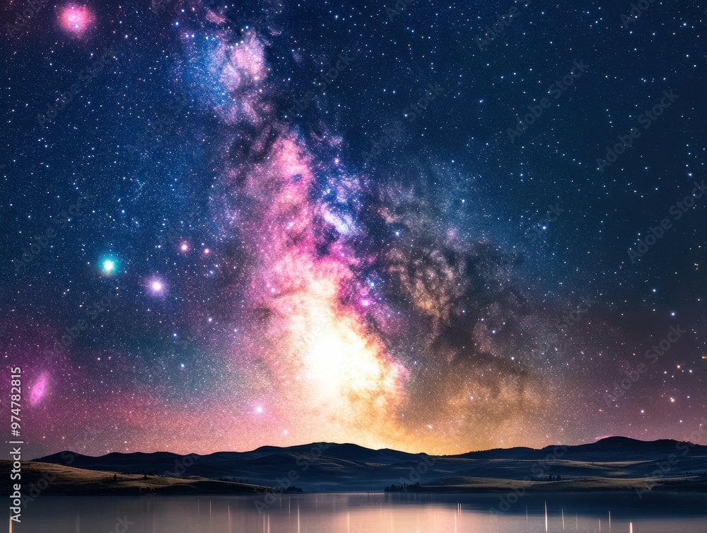 A breathtaking view of the Milky Way galaxy over a serene lake, showcasing vibrant stars and cosmic colors against a tranquil landscape. A breathtaking view of the Milky Way galaxy over a serene lake, showcasing vibrant stars and cosmic colors against a tranquil landscape.