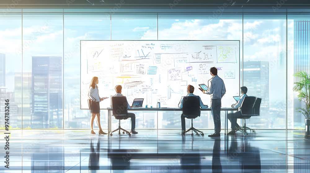 A business team collaborates in bright, glass walled meeting room, discussing strategies and ideas while engaging with digital devices. atmosphere is dynamic and innovative A business team collaborates in bright, glass walled meeting room, discussing strategies and ideas while engaging with digital devices. atmosphere is dynamic and innovative