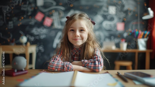 cute schoolgirl sitting at the desk, smiling, looking at the camera during the lesson