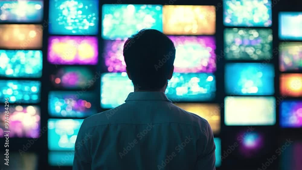 A man viewer is silhouetted in front of a wall of bright screens, displaying abstract colorful tv noise A man viewer is silhouetted in front of a wall of bright screens, displaying abstract colorful tv noise