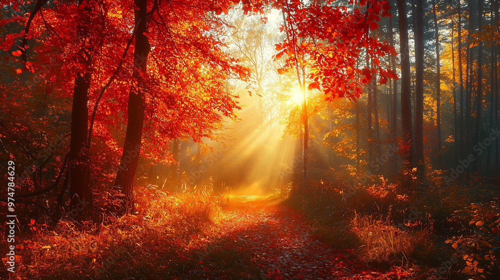 Golden Sunlight Through Autumn Forest Path Golden Sunlight Through Autumn Forest Path
