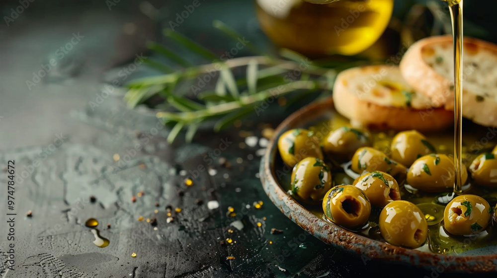 Golden olive oil bottle pouring over green olives plate with thyme and aromatic herbs leaves , food menu commercial setup with focaccia bread as wide banner Golden olive oil bottle pouring over green olives plate with thyme and aromatic herbs leaves , food menu commercial setup with focaccia bread as wide banner