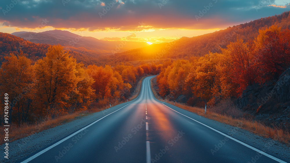 Autumn Road Sunset Mountain Landscape Autumn Road Sunset Mountain Landscape