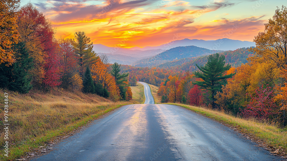 Scenic Road Through Autumn Foliage with Mountain Sunset Scenic Road Through Autumn Foliage with Mountain Sunset