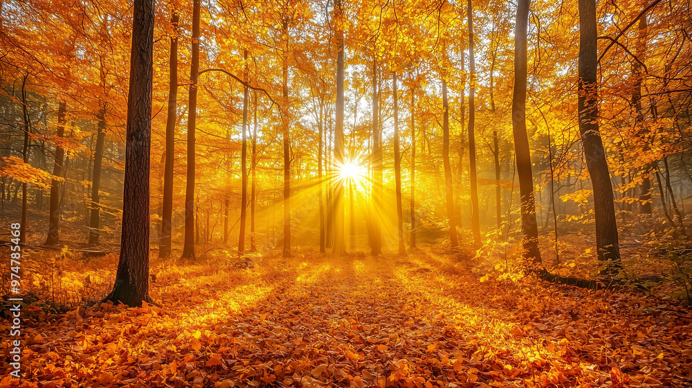 Obraz premium Golden Autumn Forest Sunlight Rays Through Trees Landscape Photography