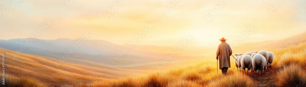 A serene landscape featuring a shepherd guiding sheep under a warm sunset, embodying peaceful rural life and nature's beauty. A serene landscape featuring a shepherd guiding sheep under a warm sunset, embodying peaceful rural life and nature's beauty.
