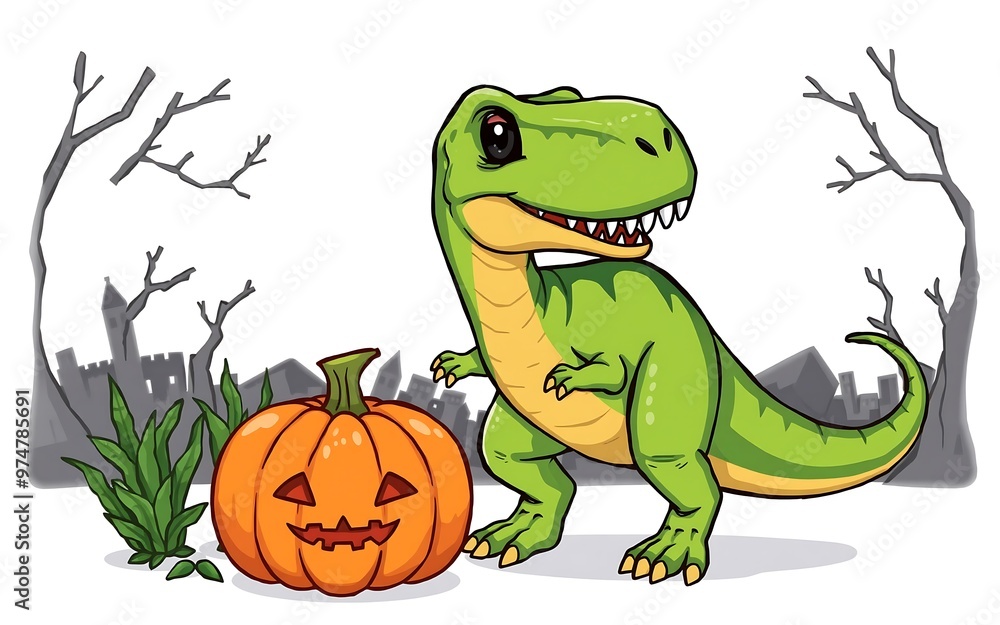 Fototapeta premium Green dinosaur and orange pumpkin, Halloween fun and spooky celebration. 