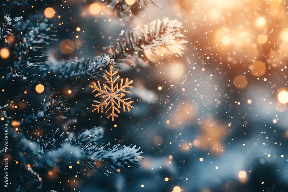 Golden christmas ornament hanging on a snowy branch with sparkling lights Golden christmas ornament hanging on a snowy branch with sparkling lights