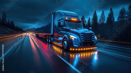 A semi-truck speeding on a dark highway at night, surrounded by vibrant light trails of blue, red, and yellow, creating a sense of motion and energy.