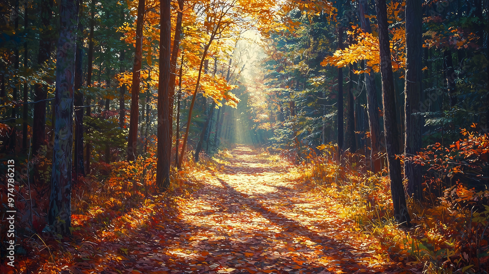 Sunlit Autumn Forest Path with Fallen Leaves Sunlit Autumn Forest Path with Fallen Leaves