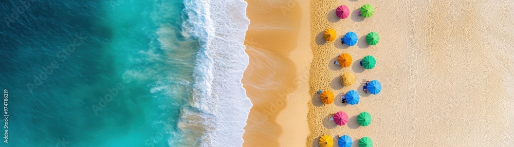 Aerial view of a sandy beach with colorful umbrellas and turquoise water, perfect for summer relaxation and vacation imagery. Aerial view of a sandy beach with colorful umbrellas and turquoise water, perfect for summer relaxation and vacation imagery.