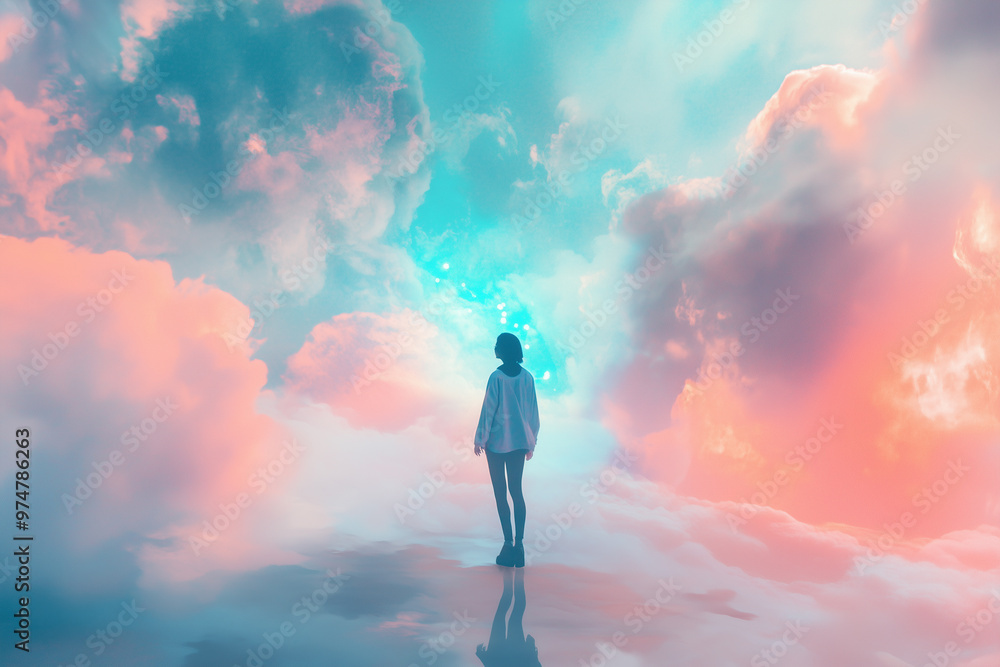 One woman stand on colorful clouds One woman stand on colorful clouds