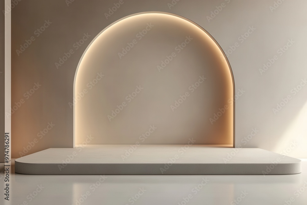Minimalist interior with a softly lit arch and platform, designed for presentations or displays. Minimalist interior with a softly lit arch and platform, designed for presentations or displays.
