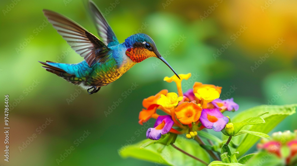 A beautiful vibrant colored humming bird flying and aiming on a flower nectar A beautiful vibrant colored humming bird flying and aiming on a flower nectar