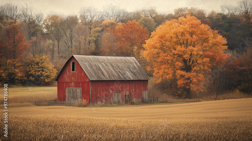 Red Barn in Autumn Field with Golden Trees