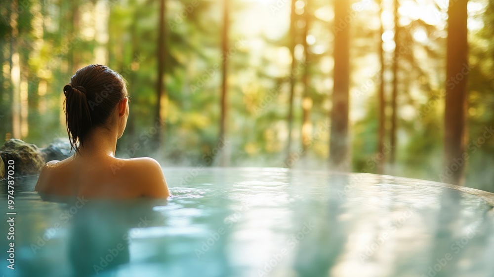 A tranquil moment in nature, featuring a person relaxing in a steamy spa surrounded by lush trees and warm sunlight. A tranquil moment in nature, featuring a person relaxing in a steamy spa surrounded by lush trees and warm sunlight.