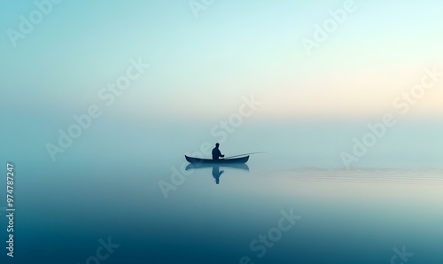 Solitary Angler on Tranquil Waters, a lone fisherman navigates a serene lake, surrounded by stillness and the beauty of nature.