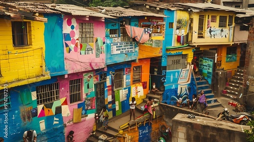 brightly colored buildings with people walking around in a city photo