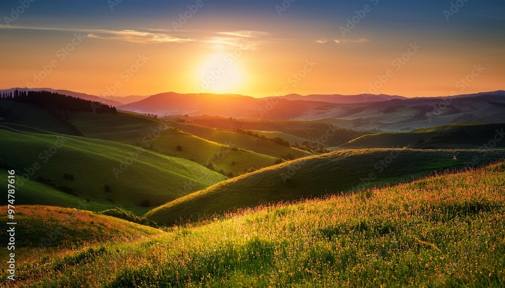 Sunset over rolling hills nature background with depth of field for a ...
