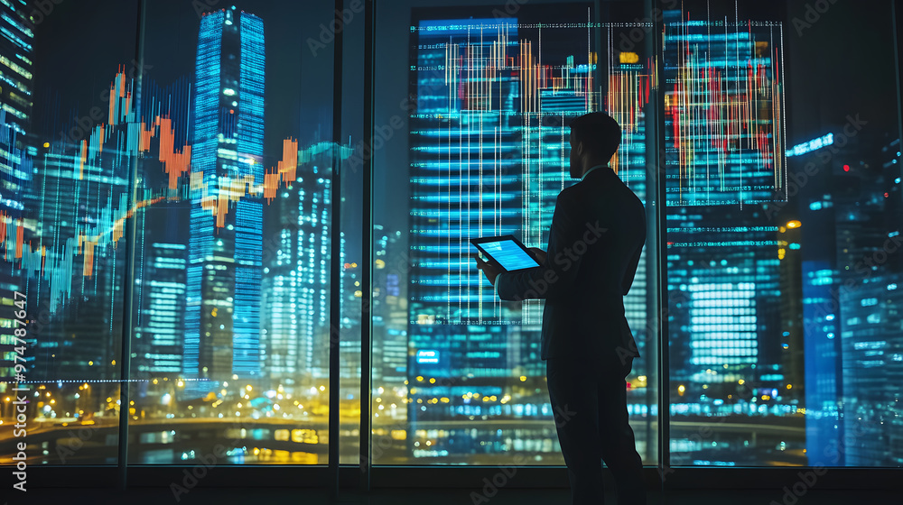 A businessman standing confidently in front of floor to ceiling window, overlooking vibrant city skyline with financial graphs displayed. scene conveys sense of ambition and success A businessman standing confidently in front of floor to ceiling window, overlooking vibrant city skyline with financial graphs displayed. scene conveys sense of ambition and success