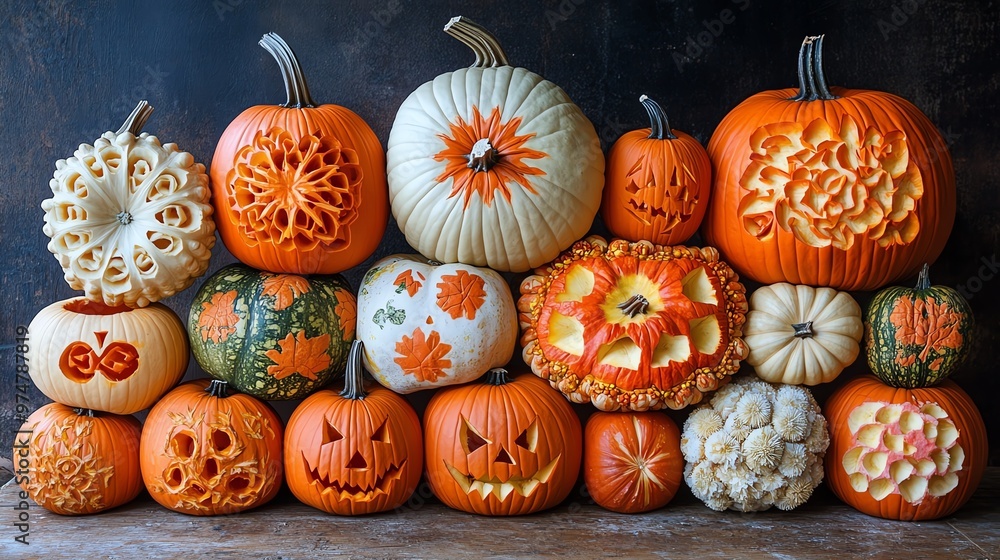 Stack of pumpkins arranged in a pyramid, each carved with unique designs, warm autumn colors Stack of pumpkins arranged in a pyramid, each carved with unique designs, warm autumn colors