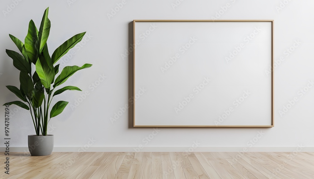 Minimalistic living room with a blank frame and a green plant, perfect for showcasing artwork or photography. Minimalistic living room with a blank frame and a green plant, perfect for showcasing artwork or photography.