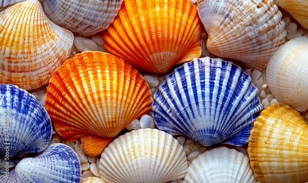 Colorful Seashells Scattered on Sandy Beach Surface Highlighting Natural Marine Beauty Colorful Seashells Scattered on Sandy Beach Surface Highlighting Natural Marine Beauty