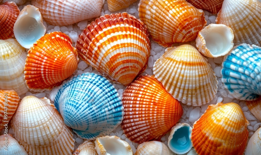 Colorful Seashells Scattered on Sandy Beach Surface Highlighting Natural Marine Beauty Colorful Seashells Scattered on Sandy Beach Surface Highlighting Natural Marine Beauty