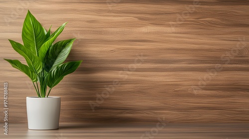 A green plant in a white pot sits against a warm wooden background, adding a touch of nature to any interior space.