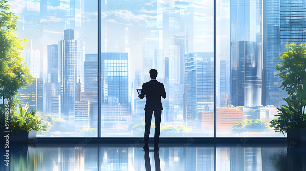 A businessman standing in front of large window overlooking vibrant city skyline, reflecting ambition and opportunity. modern architecture and greenery create serene yet dynamic atmosphere A businessman standing in front of large window overlooking vibrant city skyline, reflecting ambition and opportunity. modern architecture and greenery create serene yet dynamic atmosphere
