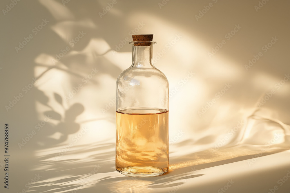 Transparent glass bottle, with liquid inside, showing light and shadow interactions, Transparent glass bottle, with liquid inside, showing light and shadow interactions,