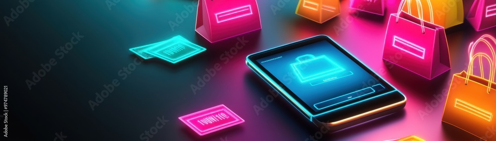 A vibrant digital shopping experience with a glowing smartphone, colorful shopping bags, and payment icons on a dark background. A vibrant digital shopping experience with a glowing smartphone, colorful shopping bags, and payment icons on a dark background.