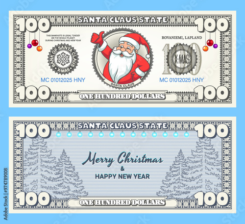 Vector holiday banknote or flyer. Obverse and reverse of 100 dollar bill. Funny cartoon Santa Claus. Merry Christmas and Happy New Year. Play money. One hundred dollars. Fir trees and garlands.